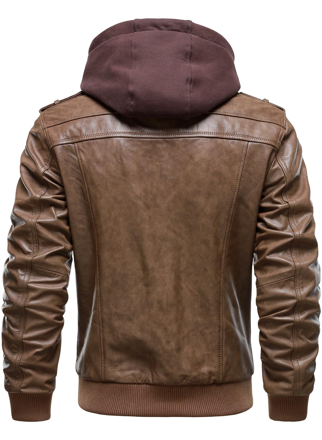 HOOD CREW Men’s Genuine Cowhide Leather Jacket Black Hooded Motorcycle Biker Jacket for Men