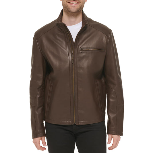 Cole Haan Men's Smooth Lamb Leather Moto Jacket, Java, Large