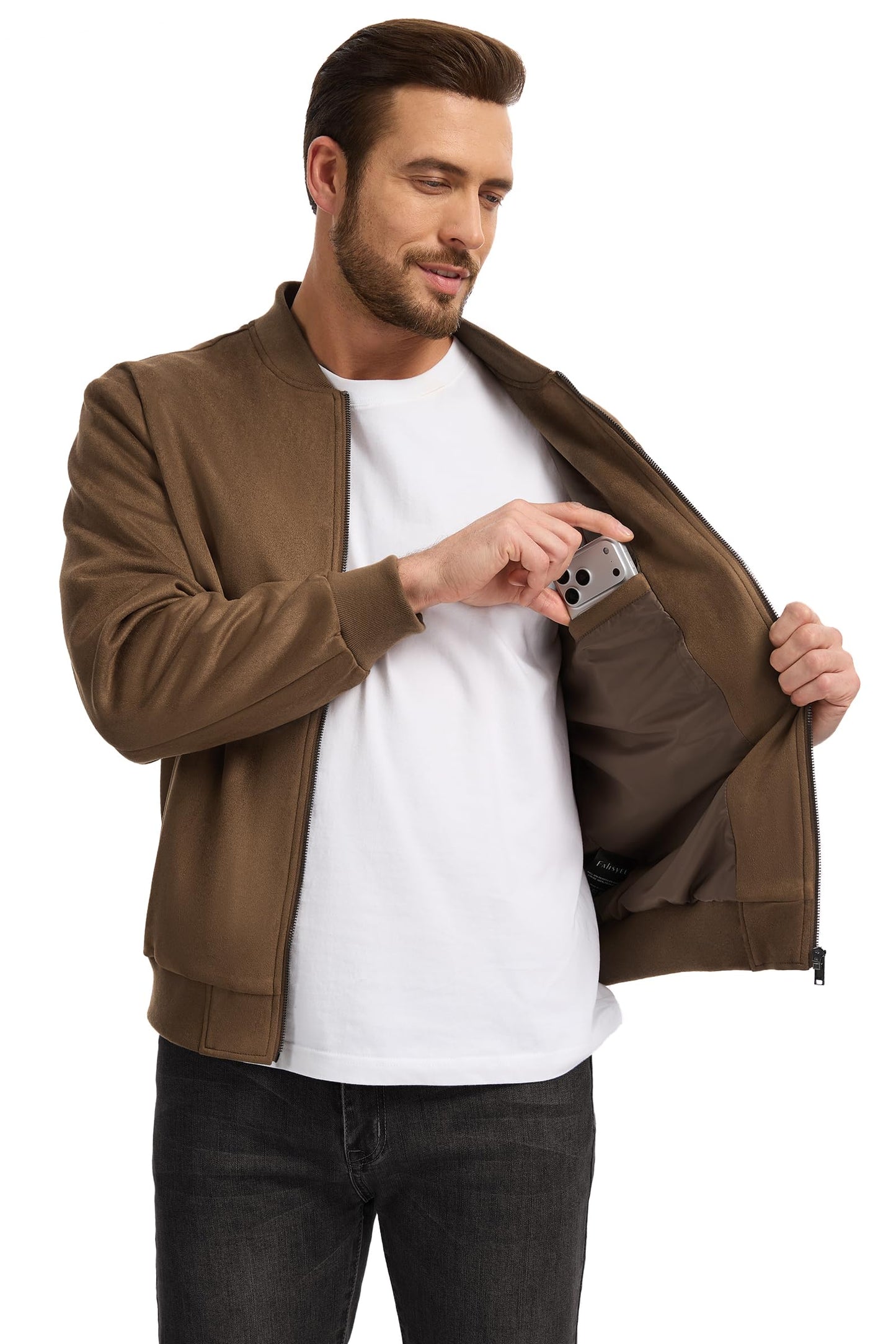 Fahsyee Men's Faux Suede Bomber Jacket, Casual Lightweight Varsity Style Full Zip Up Leather Coat Brown L