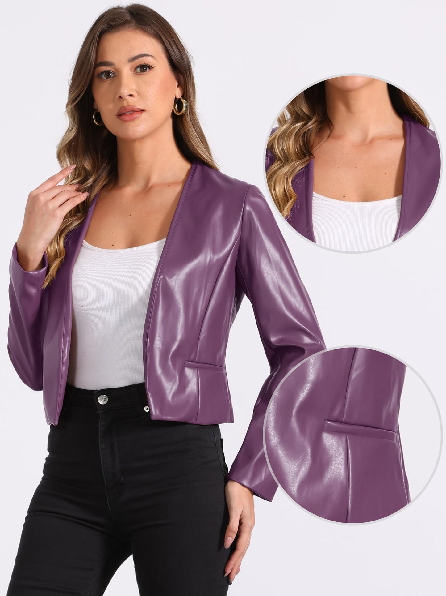 Allegra K Faux Leather Jacket for Women's Collarless Open Front Crop PU Moto Biker Jackets Medium Dark Purple