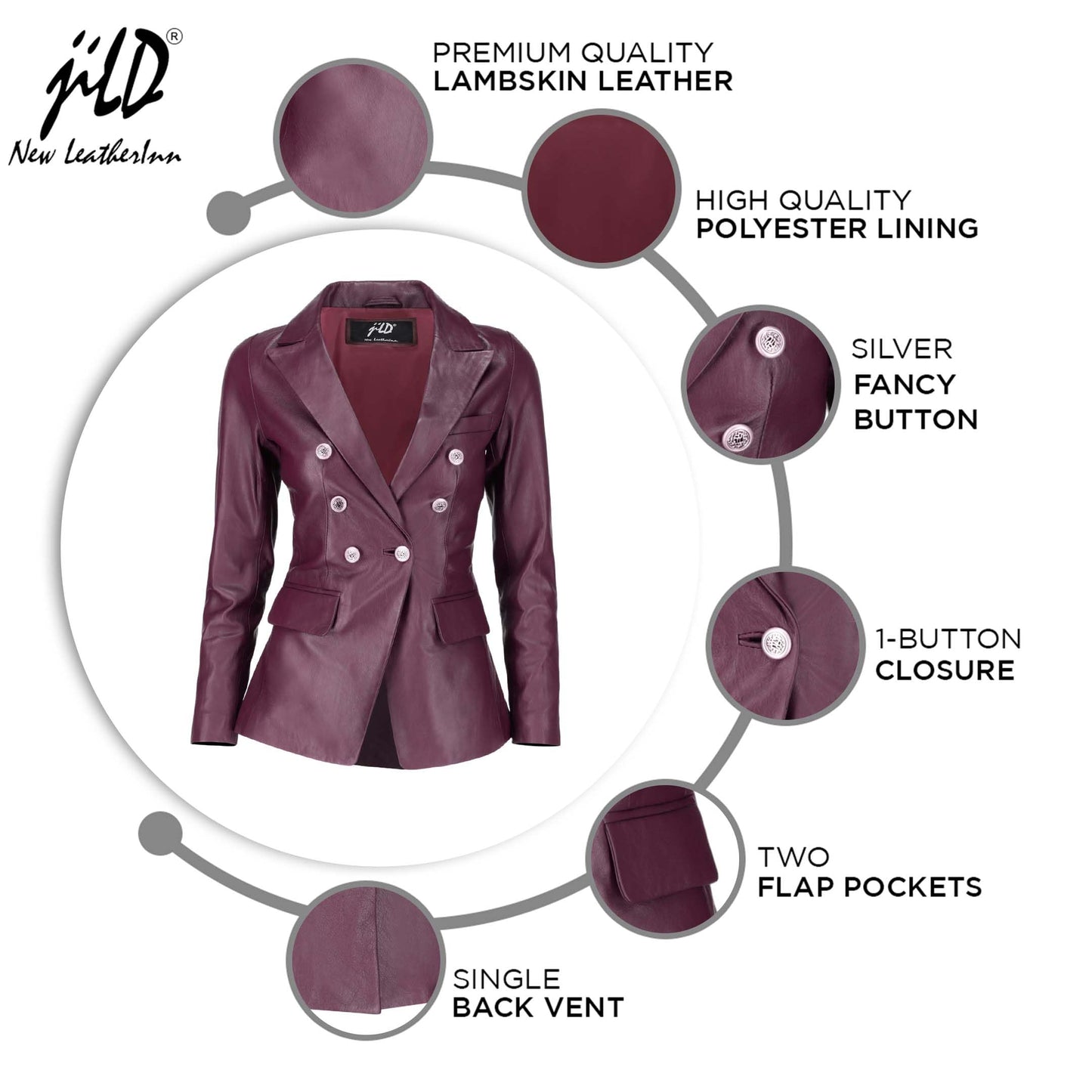 Jild Double Breasted Fancy Buttons Lambskin Leather Blazer Women - Kim Kardashian Long Sleeve Coat Style Leather Jacket Women (FC-Bur-L)