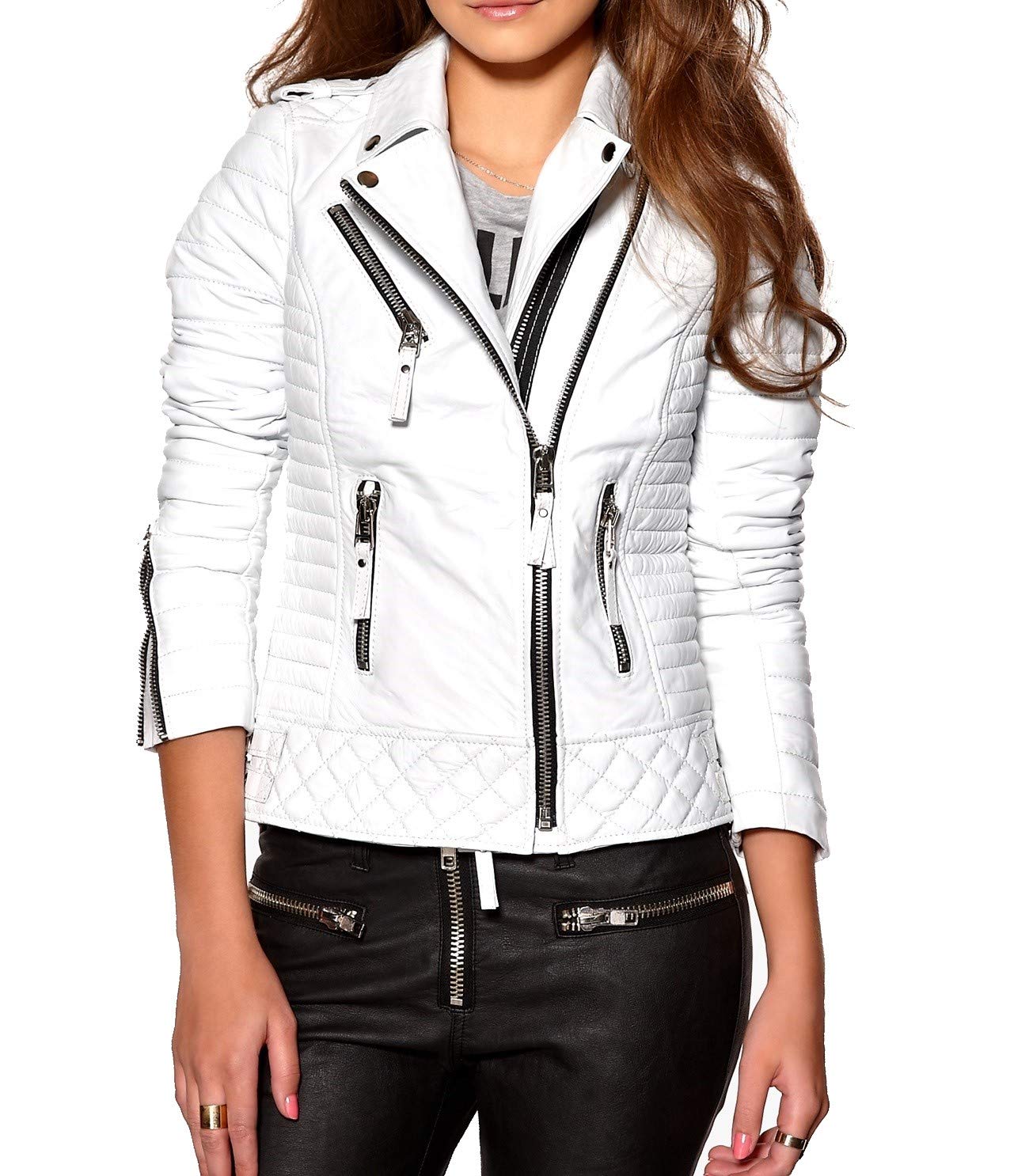 Aaron Craft White Women's Lambskin Leather Biker Jacket XX-Large