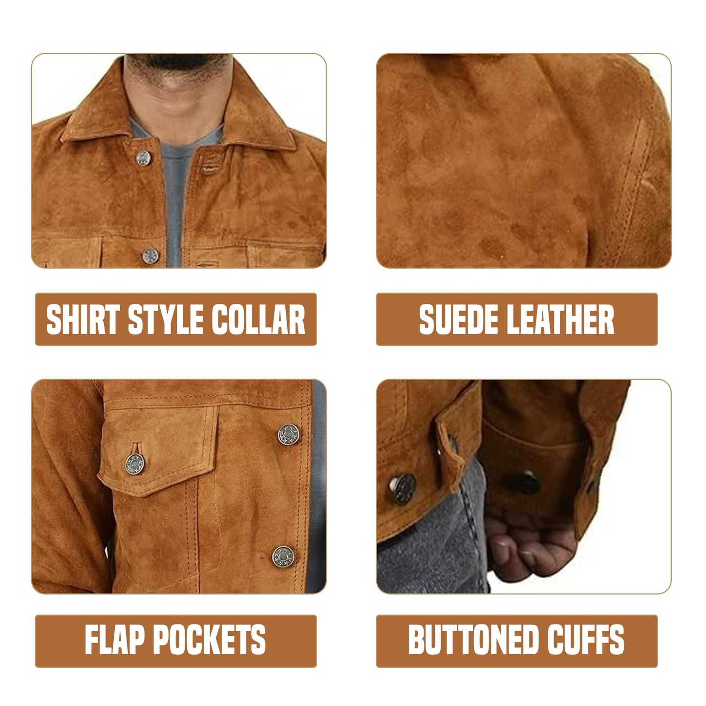 III-Fashions Mens Suede Jacket - Vintage Classic Western Trucker Coat Geniune Suede Leather Jacket (Camel Brown, M) (III-1001)
