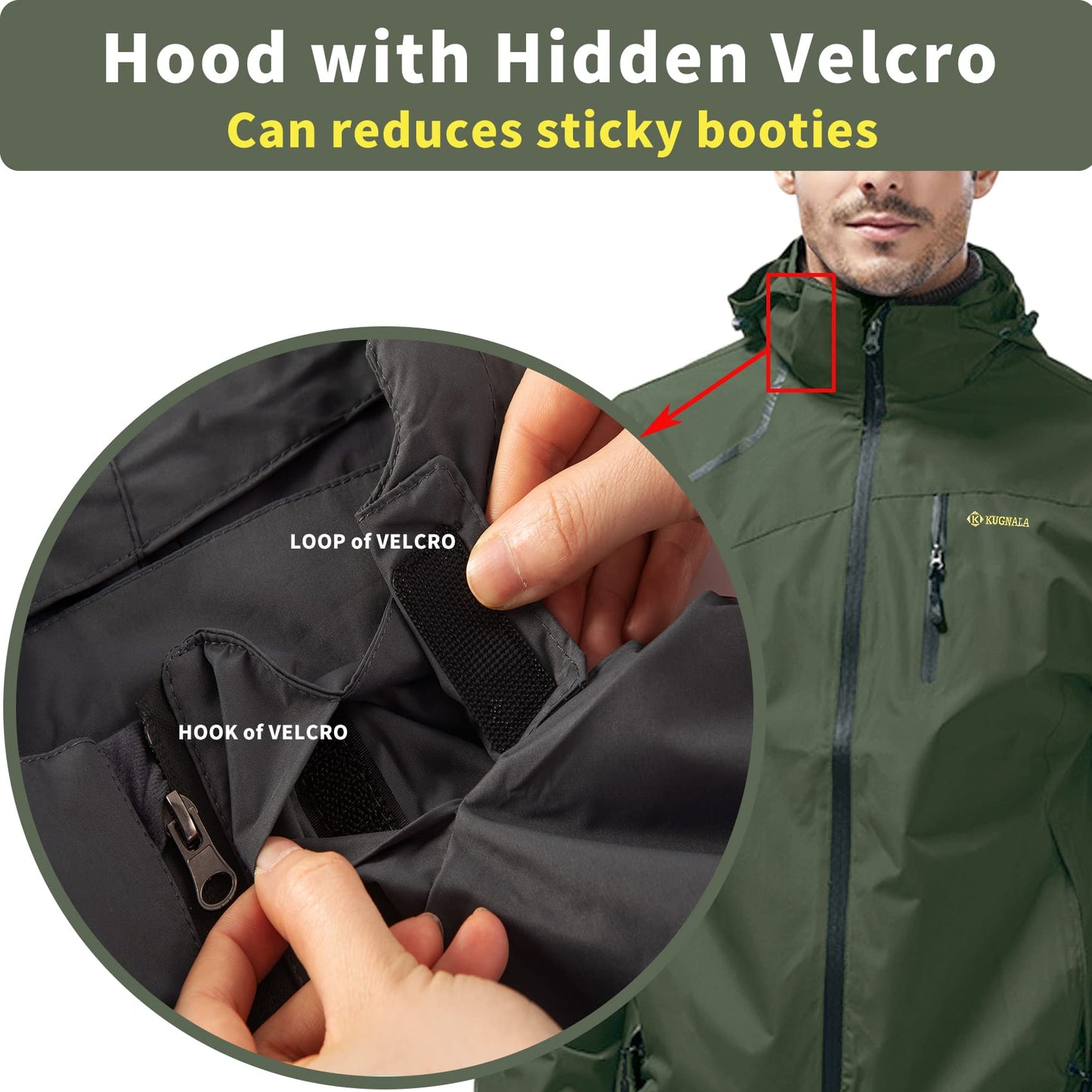 Kugnala Mens Rain Jacket Waterproof Raincoat Lightweight Rain Coat Hooded Windproof Windbreaker Jackets for Men Hiking Cycling Travel Green 6XL