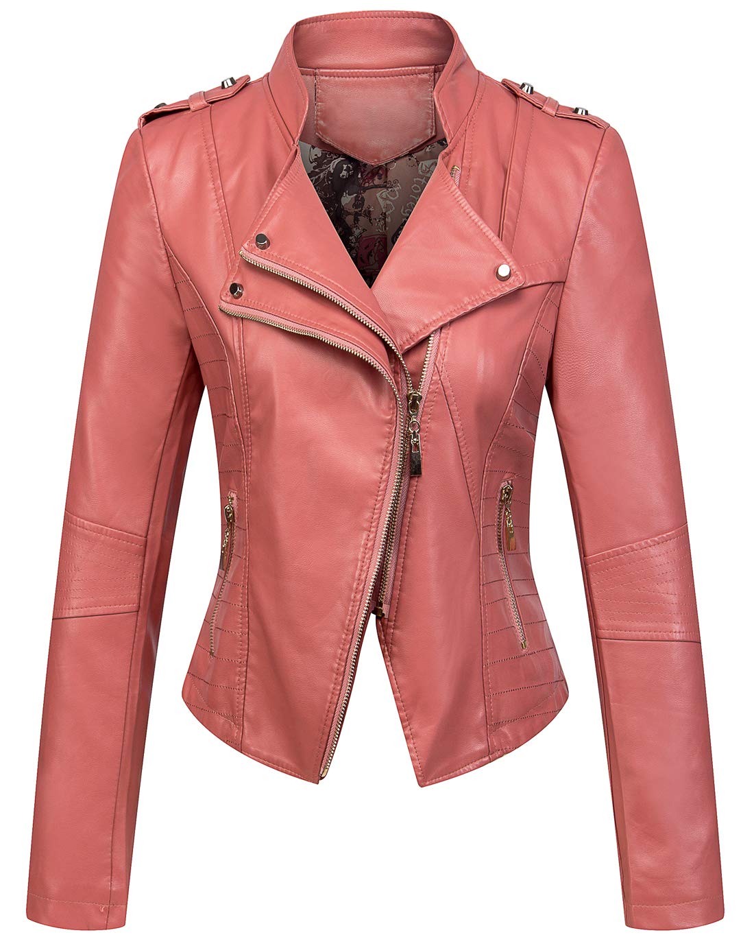 chouyatou Women's Candy Color Asymmetric Zip Slim Faux Leather Cropped Moto Jacket (Medium, Pink)