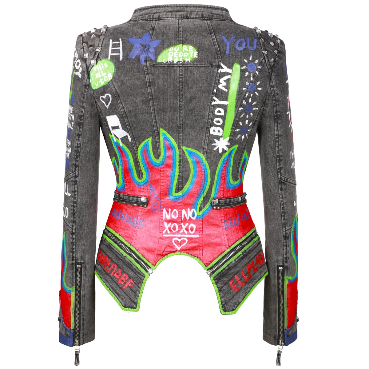 Fashion SX Women's hand-painted pattern fashion studs perfect shaping bicycle jacket motorcycle denim zipper jacket（XL-Grey）