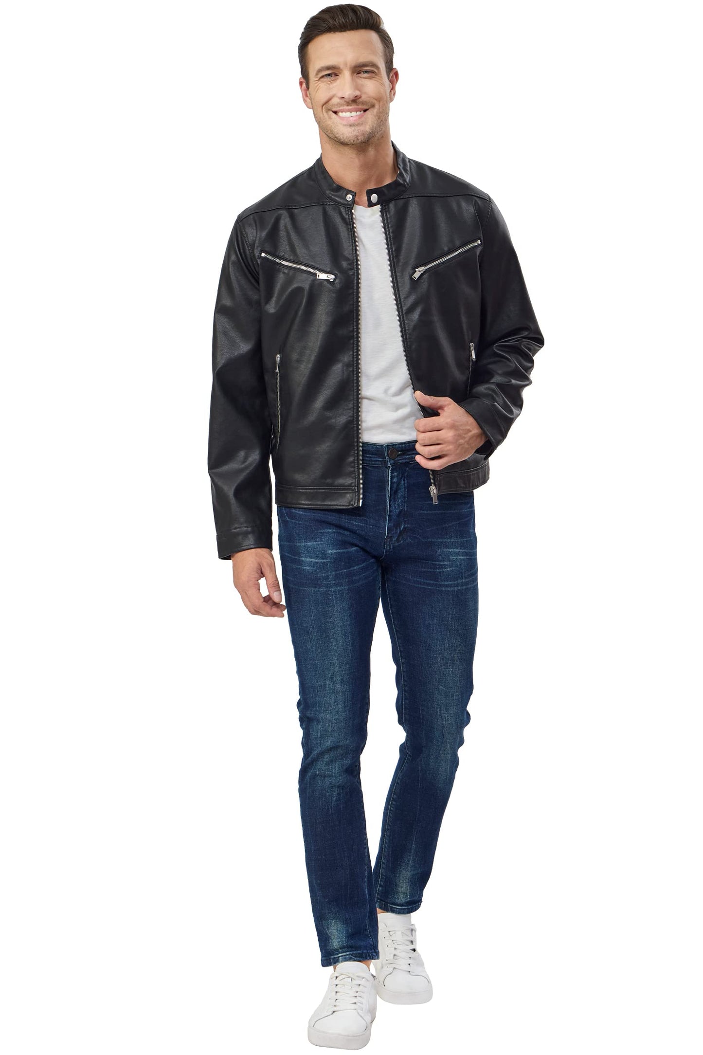 Fahsyee Faux Leather Jacket Men - Black Bomber Jackets Motorcycle Stand Collar Lightweight Zip-Up Slim Fit Biker Coat S