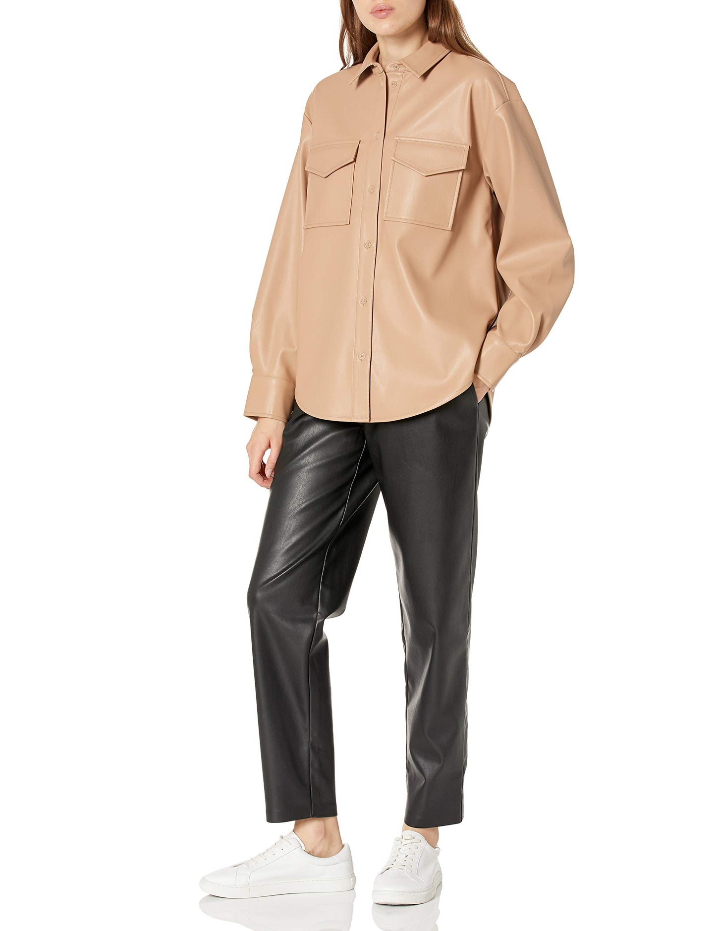 The Drop Women's @lisadnyc Faux Leather Long Shirt Jacket, Camel, S