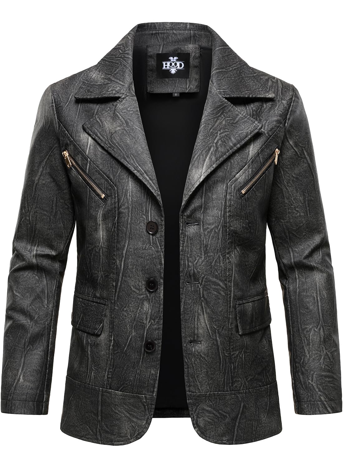 HOOD CREW Mens Casual Leather Blazer Vintage Lightweight Coat Button Closure Style Faux Leather Jackets for Men Black Grey L