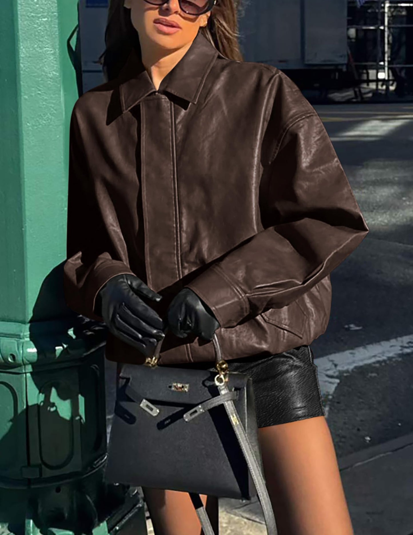 PRETTYGARDEN Women's Faux Leather Motorcycle Jacket Trendy Fall Spring Clothes Oversized Zip Up Winter Coat Outerwear (Dark Coffee,Large)