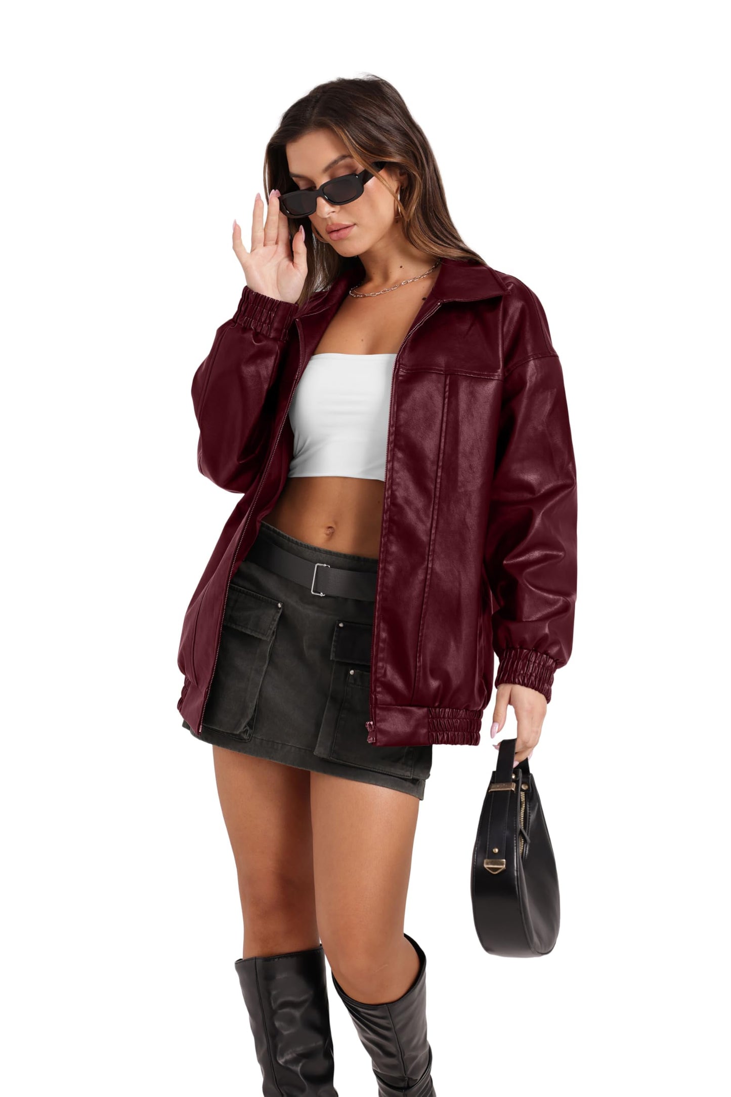 Sampeel Red Leather Jacket Women Faux Oversized Motorcycle Trendy Coats 2024 Fall Fashion Outfits Winter Clothes M