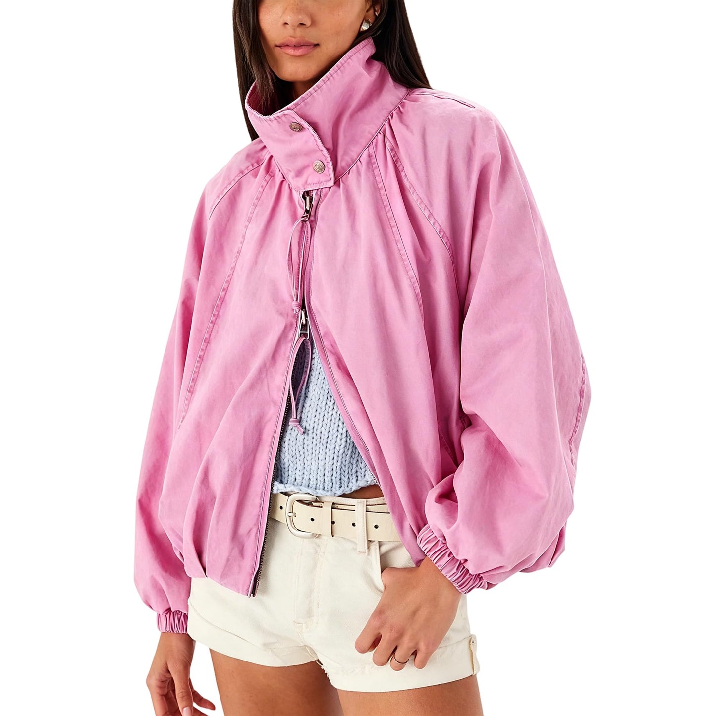 Yaykio Women Oversized Bomber Jacket Funnel Neck Zip Up Batwing Sleeve Fall Outerwear Coats Casual Outfits with Pockets(Pink,L)