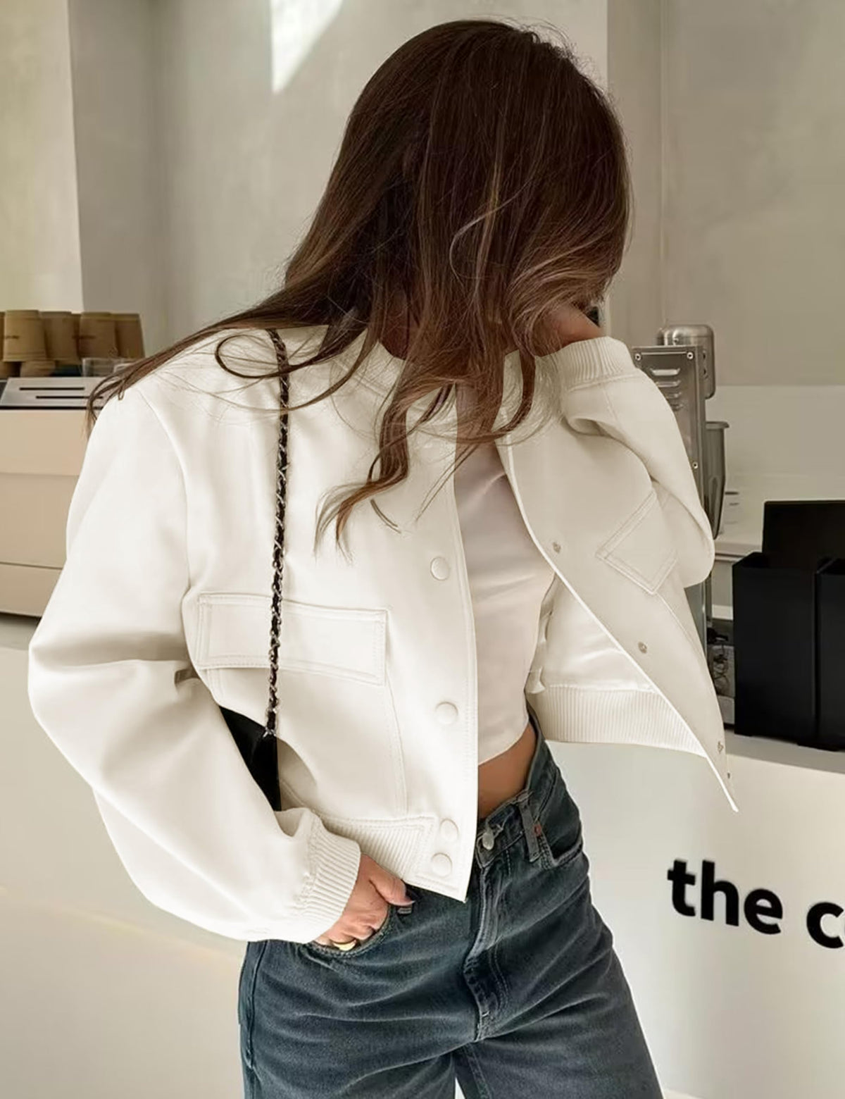Megfie Womens Cropped Bomber Jacket Button Down Varsity Jackets Shackets with Pockets(0394-Beige-L)