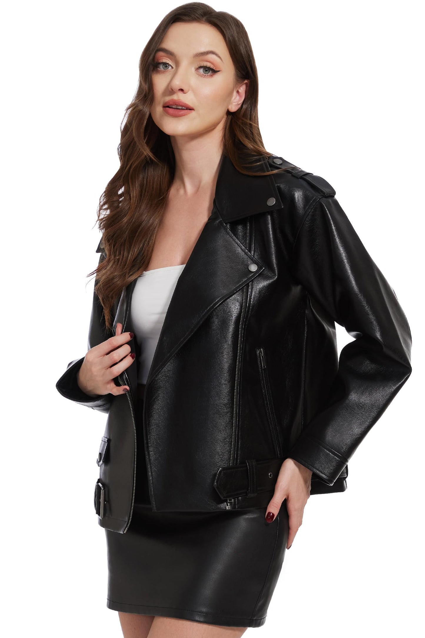 Fahsyee Women's Faux Leather Jacket, Plus Size Moto Biker Coat Black XL