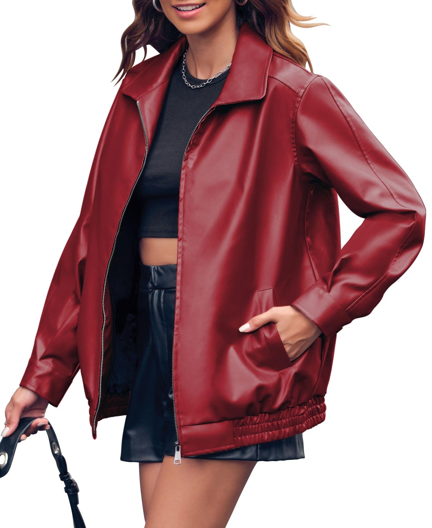 Miladusa Leather Blazer for Women Faux Motorcycle Plus Size Lapel Moto Biker Fall Winter Fashionable Coat Dark Red S