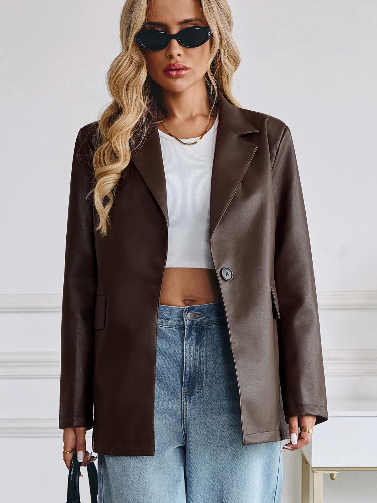KateModa Women's Faux Leather Blazer Oversized Bomber Winter Coat Motocycle Button Down Fall Jackets with Pockets Brown Large