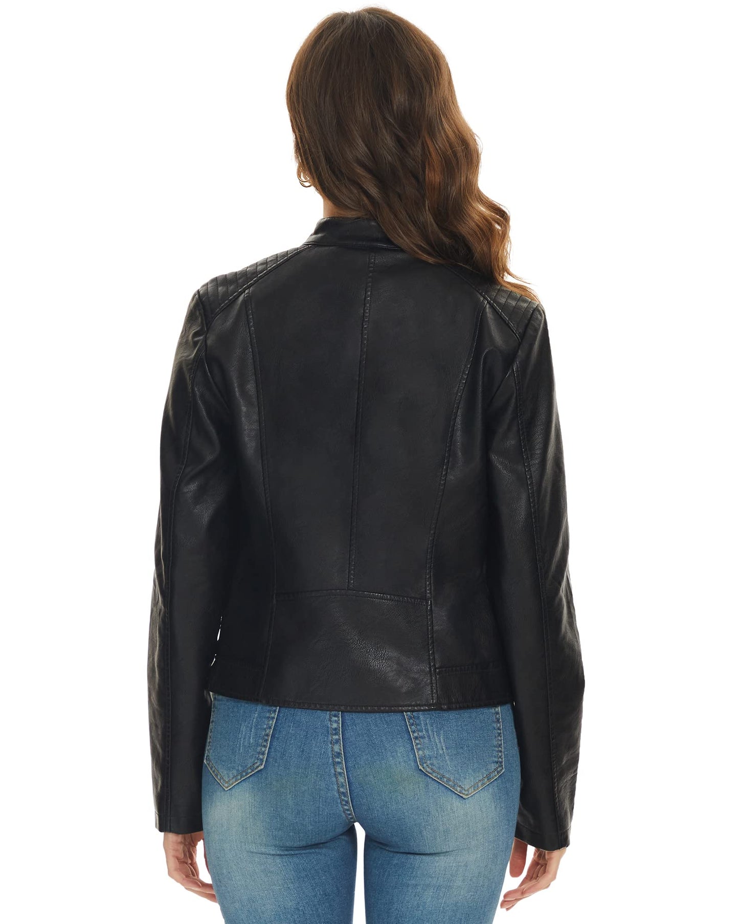 Fahsyee Black Faux Leather Jackets for Women Zip Up Motorcycle Short PU Moto Biker Outwear Fitted Slim Coat Size M