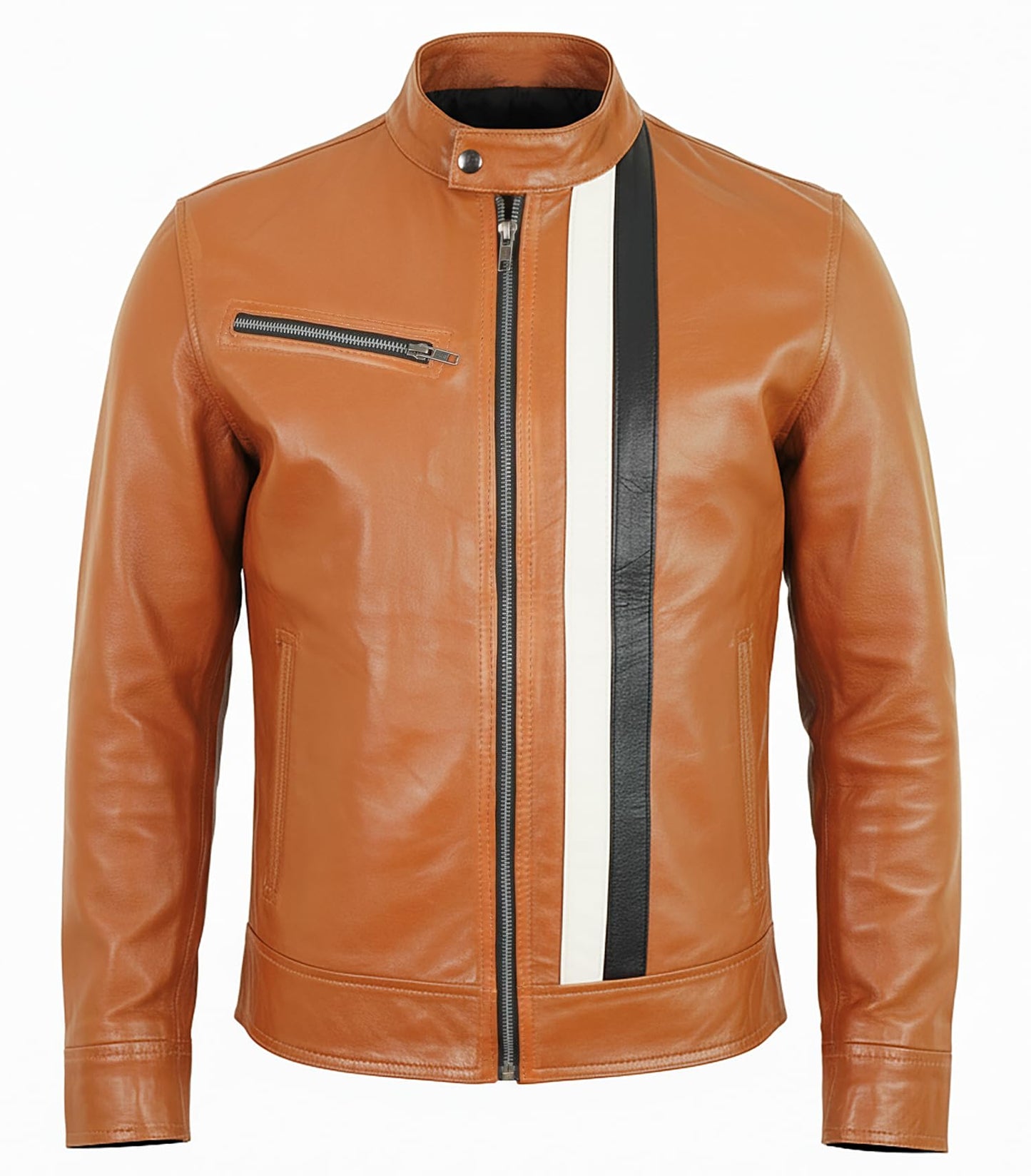 Cafe Racer Leather Jacket Men - Mens Brown Leather Jacket | Stripe Brown - L