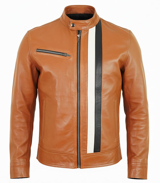 Cafe Racer Leather Jacket Men - Mens Brown Leather Jacket | Stripe Brown - L