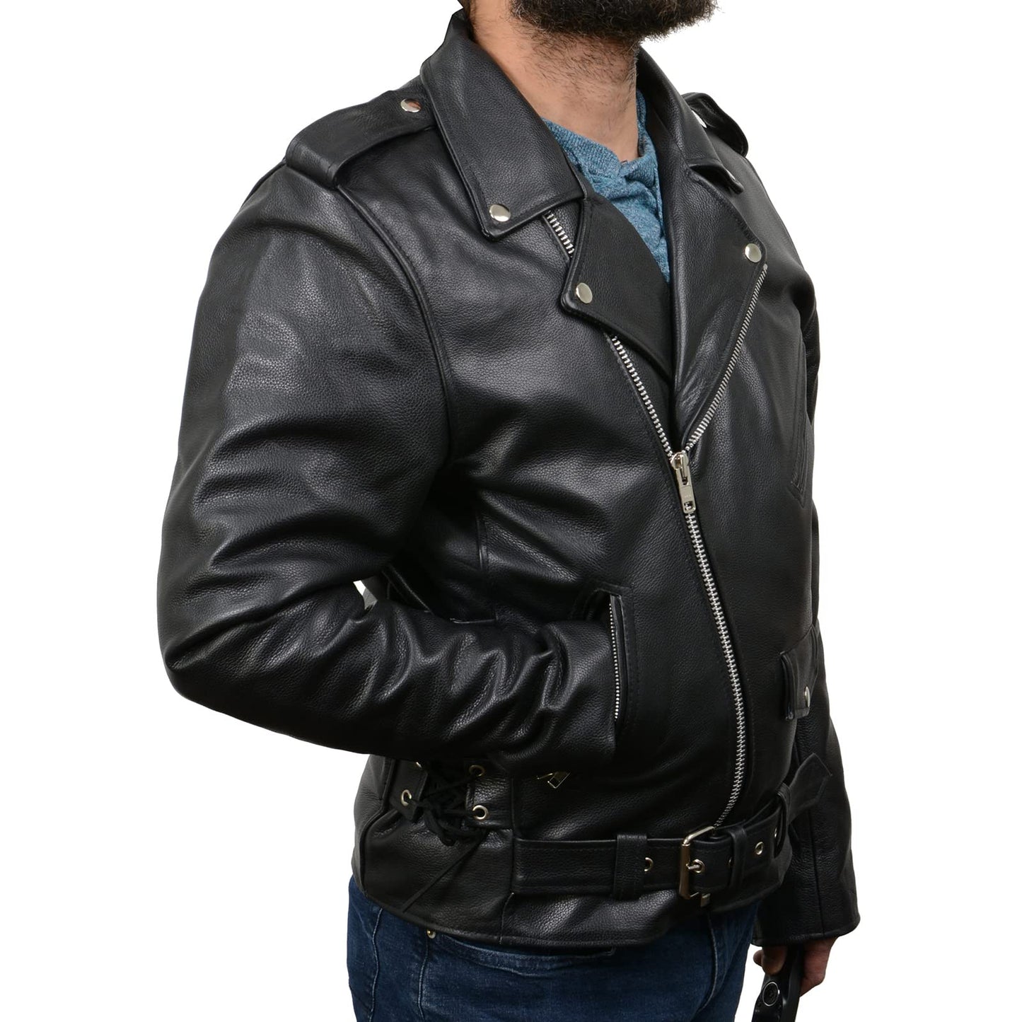 Milwaukee Leather SH1011 Men's Classic Brando Premium Leather Black Motorcycle Riders Leather Jacket w/Side Laces - Large