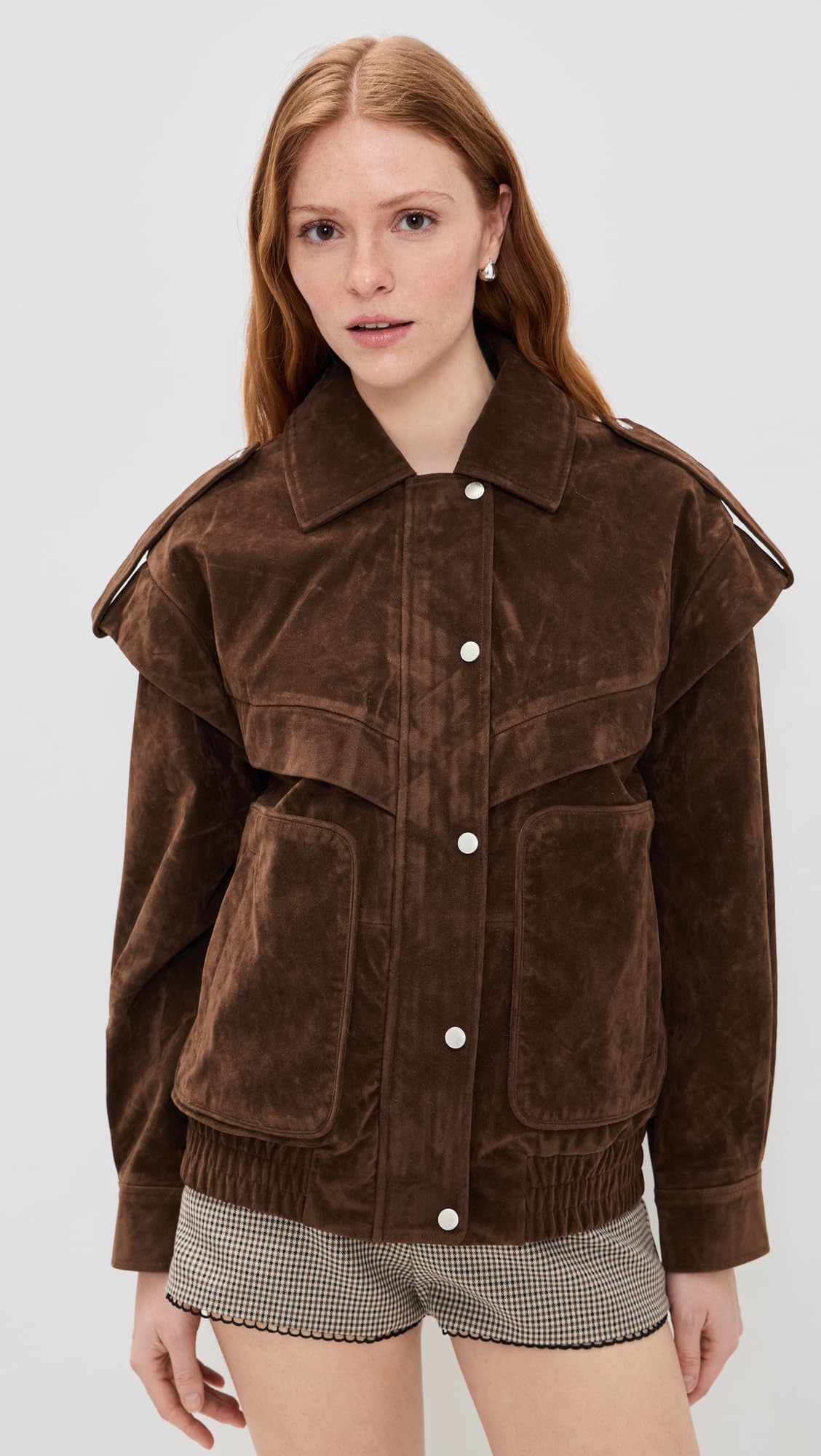 Avec Les Filles Womens, Collared Bomber with Patch Pockets, Brunette, X-Large