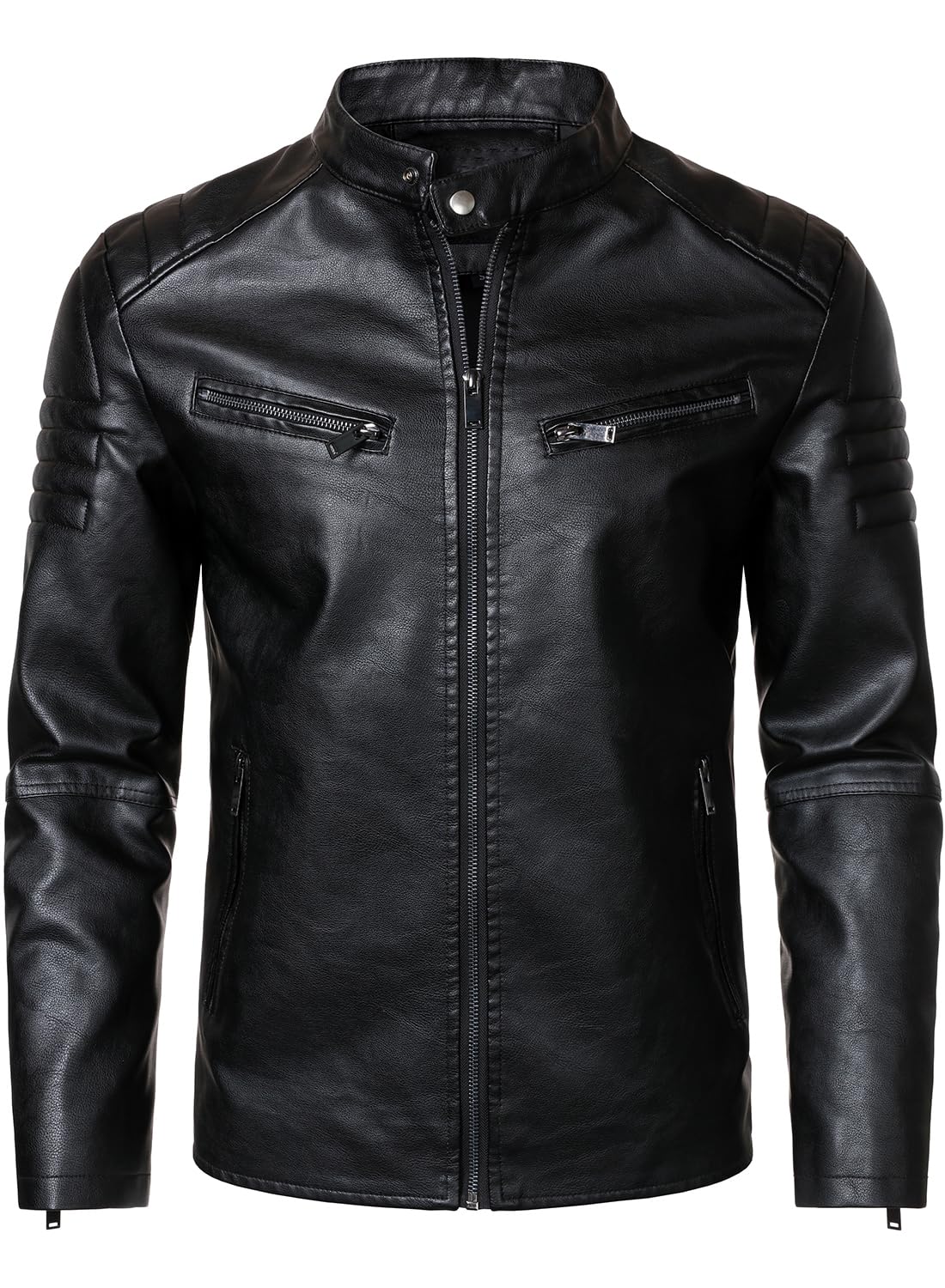 HOOD CREW Men’s Faux Leather Motorcycle Jackets Stand-up Collar Leather Jacket Vintage Coats Outwear Black M