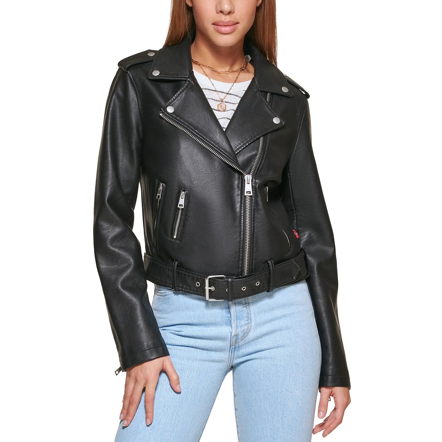 Levi's Women's Faux Leather Belted Motorcycle Jacket (Standard and Plus Sizes), black, Medium