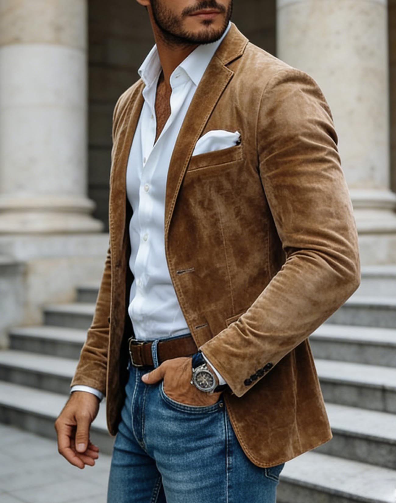 Men's Suede Leather Suit Jacket Western 2 Button Blazer for Wedding Prom Khaki