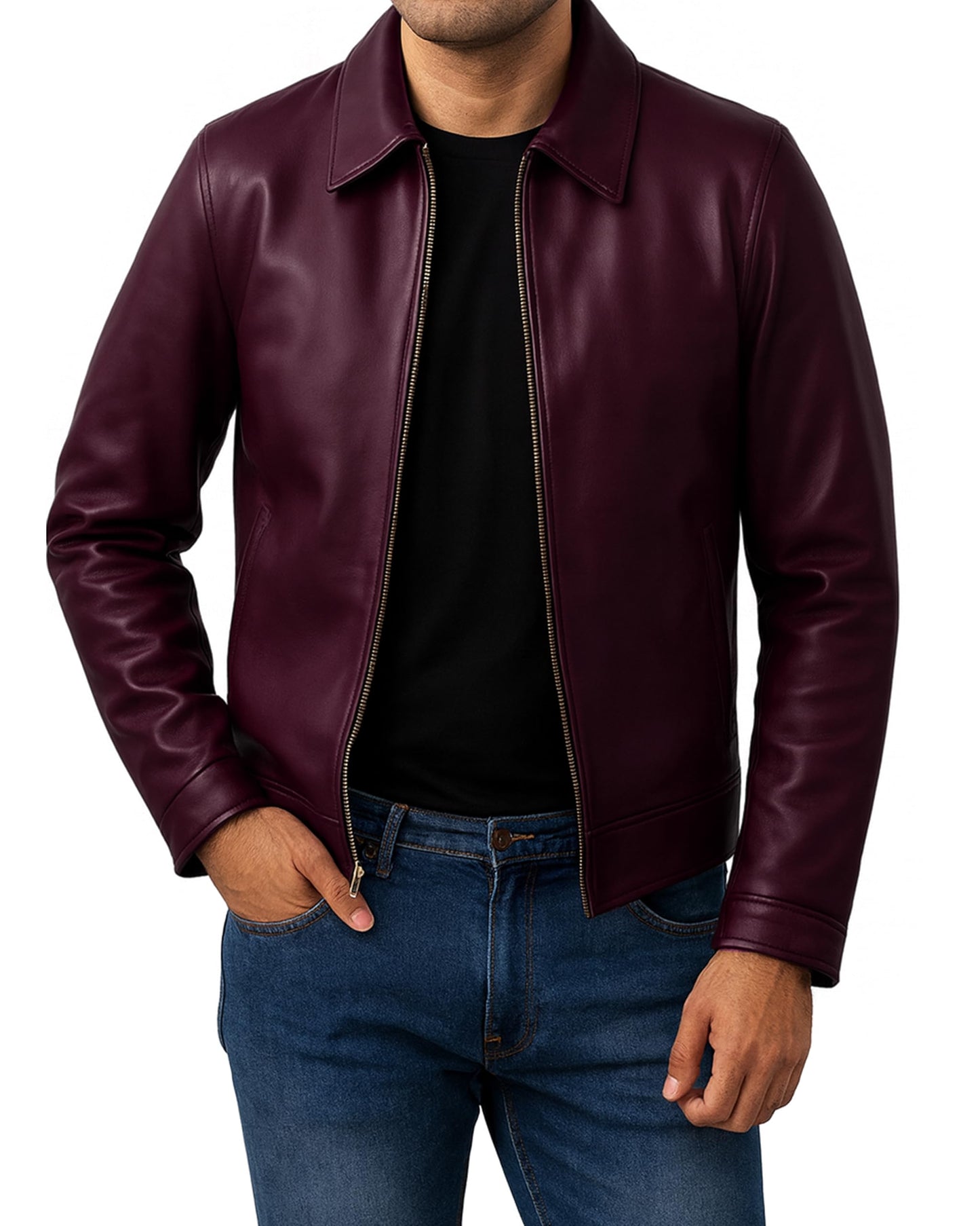 Jild Polo Collar Premium Leather Jacket Men - Old School Classic Style Everyday Wear Real Lambskin Mens Leather Jacket (Polo-Burgundy-XXL)