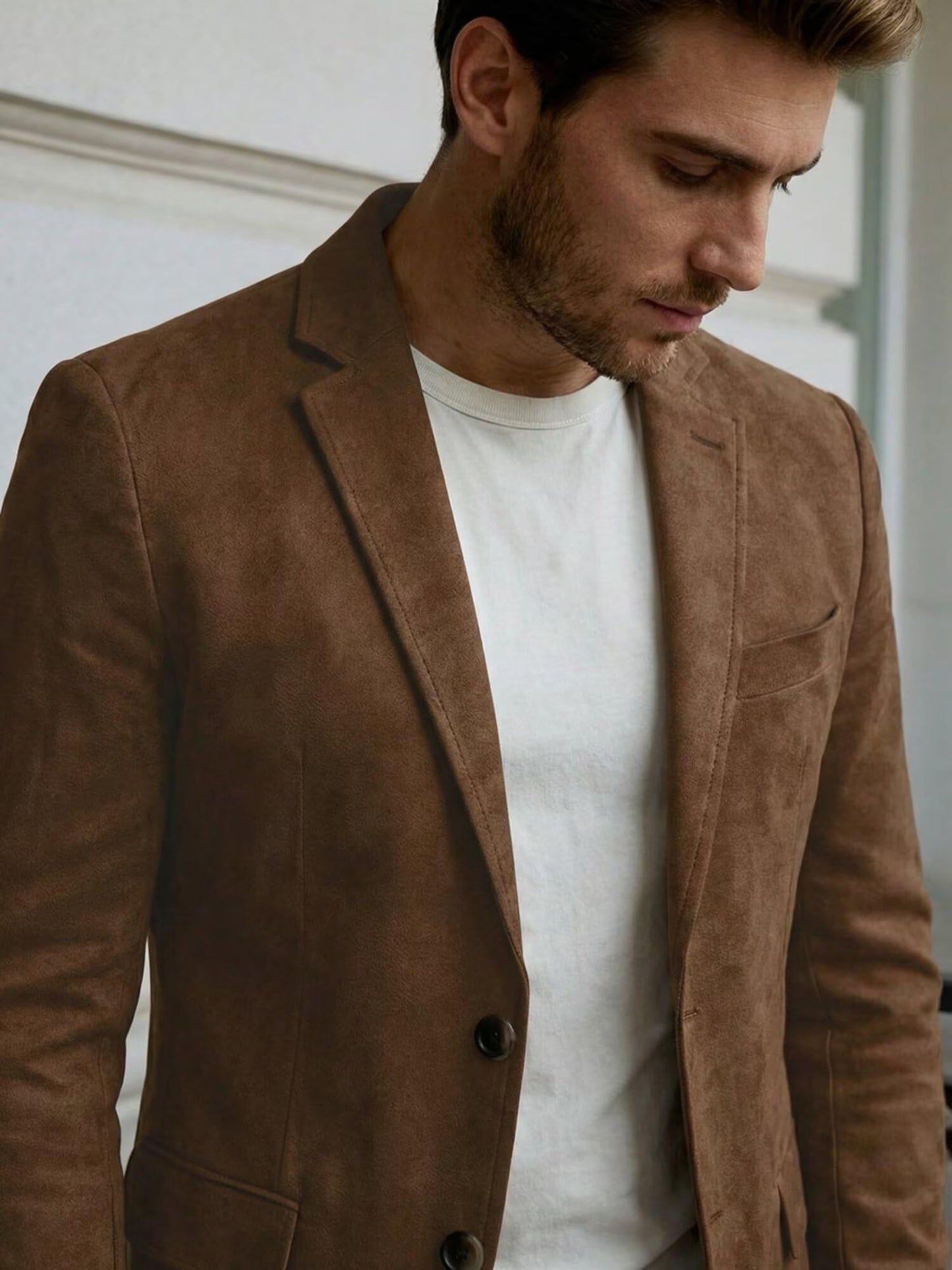 Mens Suede Jacket Sports Coats for Men Western Cowboy Style Faux Leather Suede Blazer for Men Business Work Daily Lightweight Mens Suit Jacket Coffee, M
