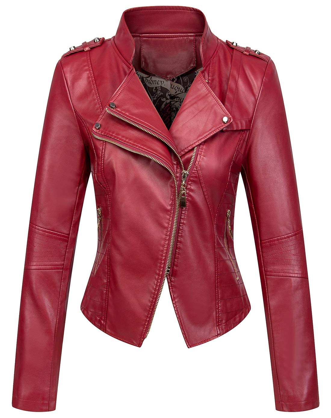chouyatou Women's Candy Color Asymmetric Zip Slim Faux Leather Cropped Moto Jacket (Medium, Dark Red)