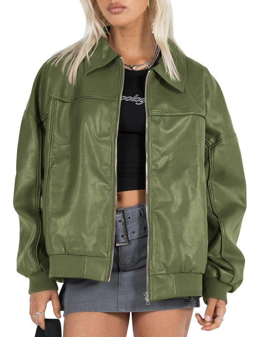 EsheSy Women's Oversized Leather Jacket Faux Suede Boyfriend Motorcycle Full Zip Bomber Jacket(Green-S)