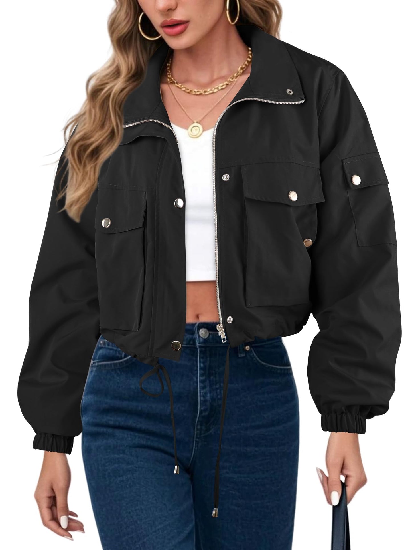 UEAL Womens Lightweight Cropped Bomber Jacket With Pockets Black L