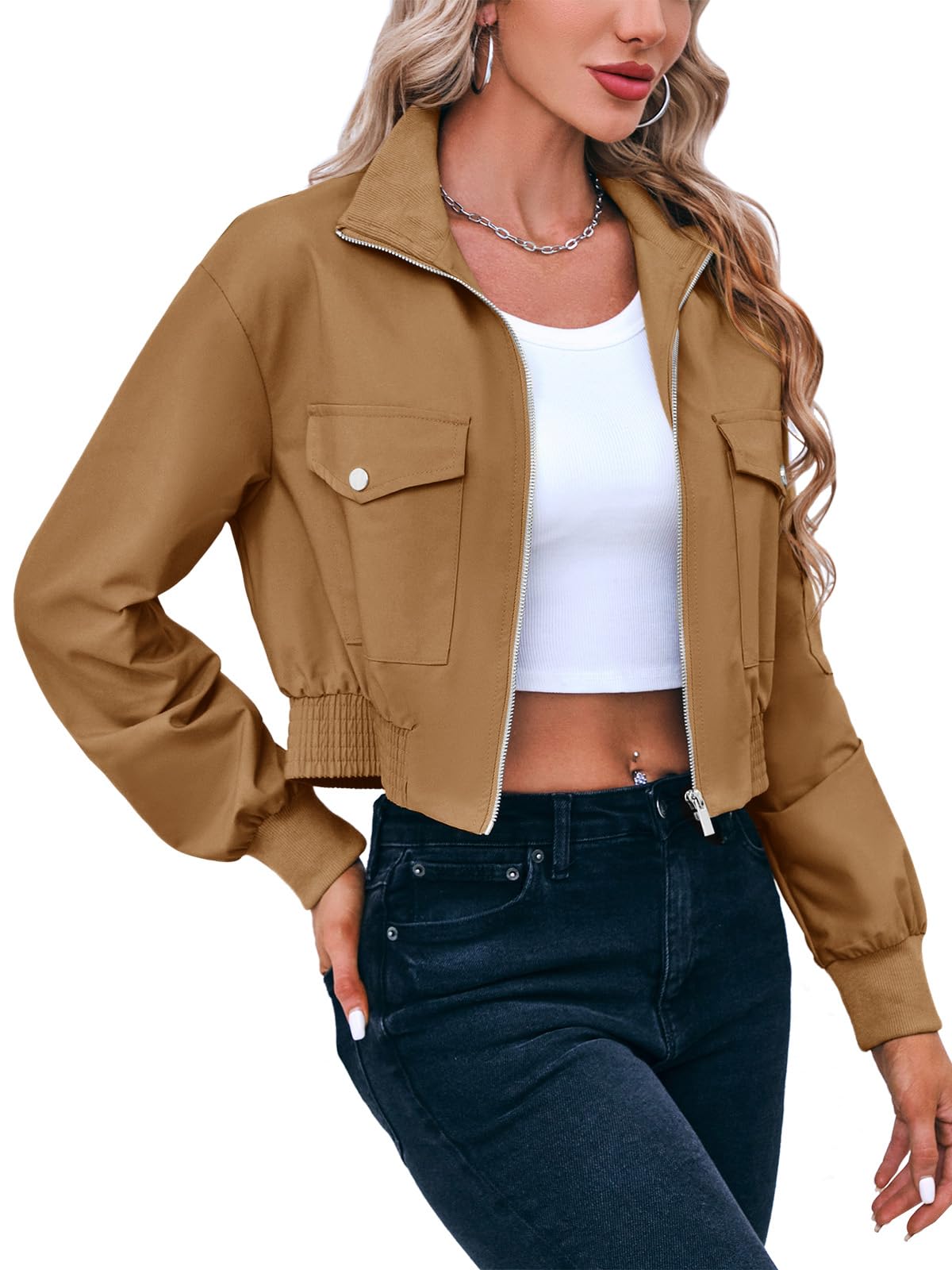 Fisoew Women's Fashion Cropped Bomber Jacket Long Sleeve Zip Up Stand Collar Jacket Coat with Pocket