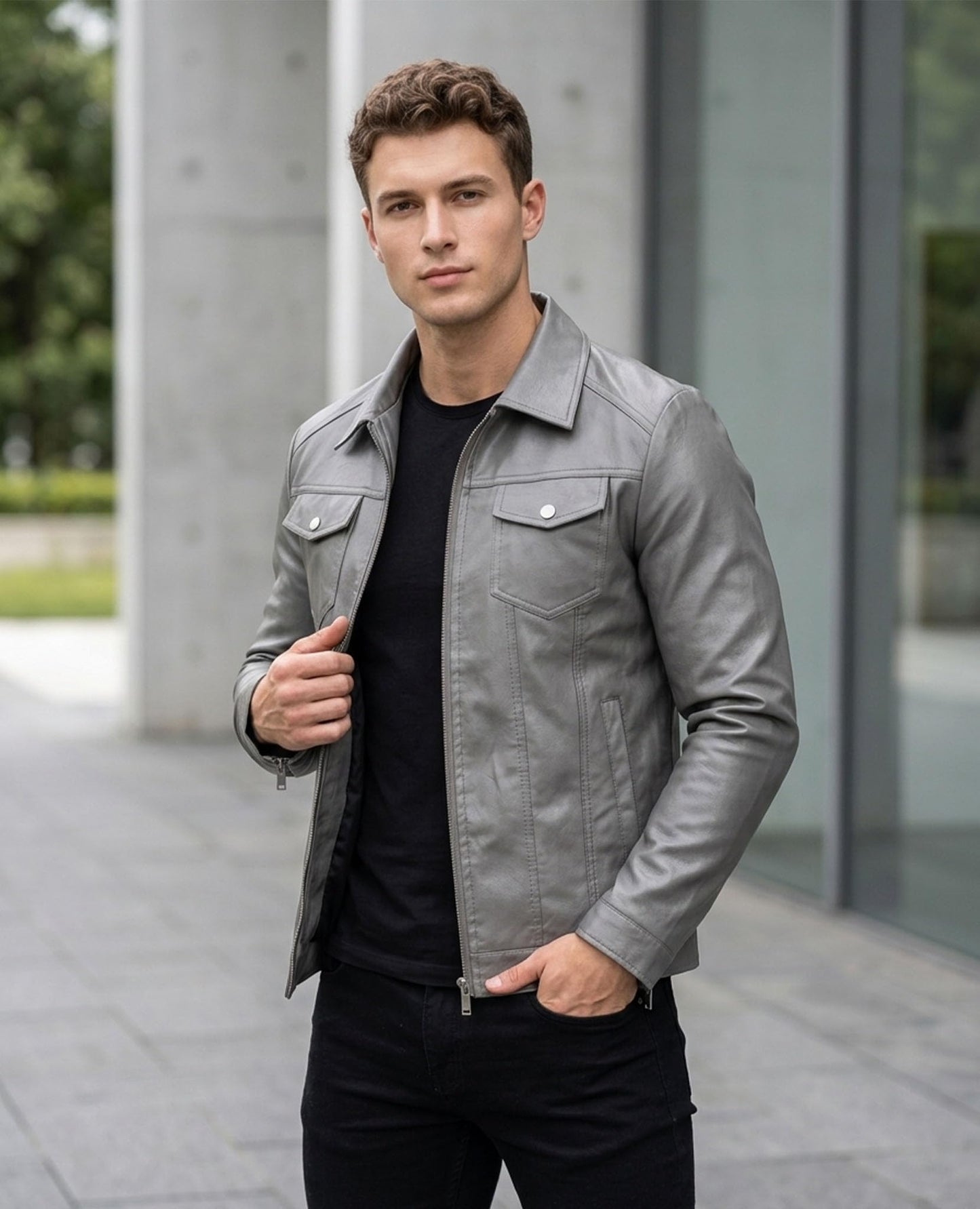 Grey Leather Jackets Men Faux Leather Motorcycle Jacket Biker Coat XXL