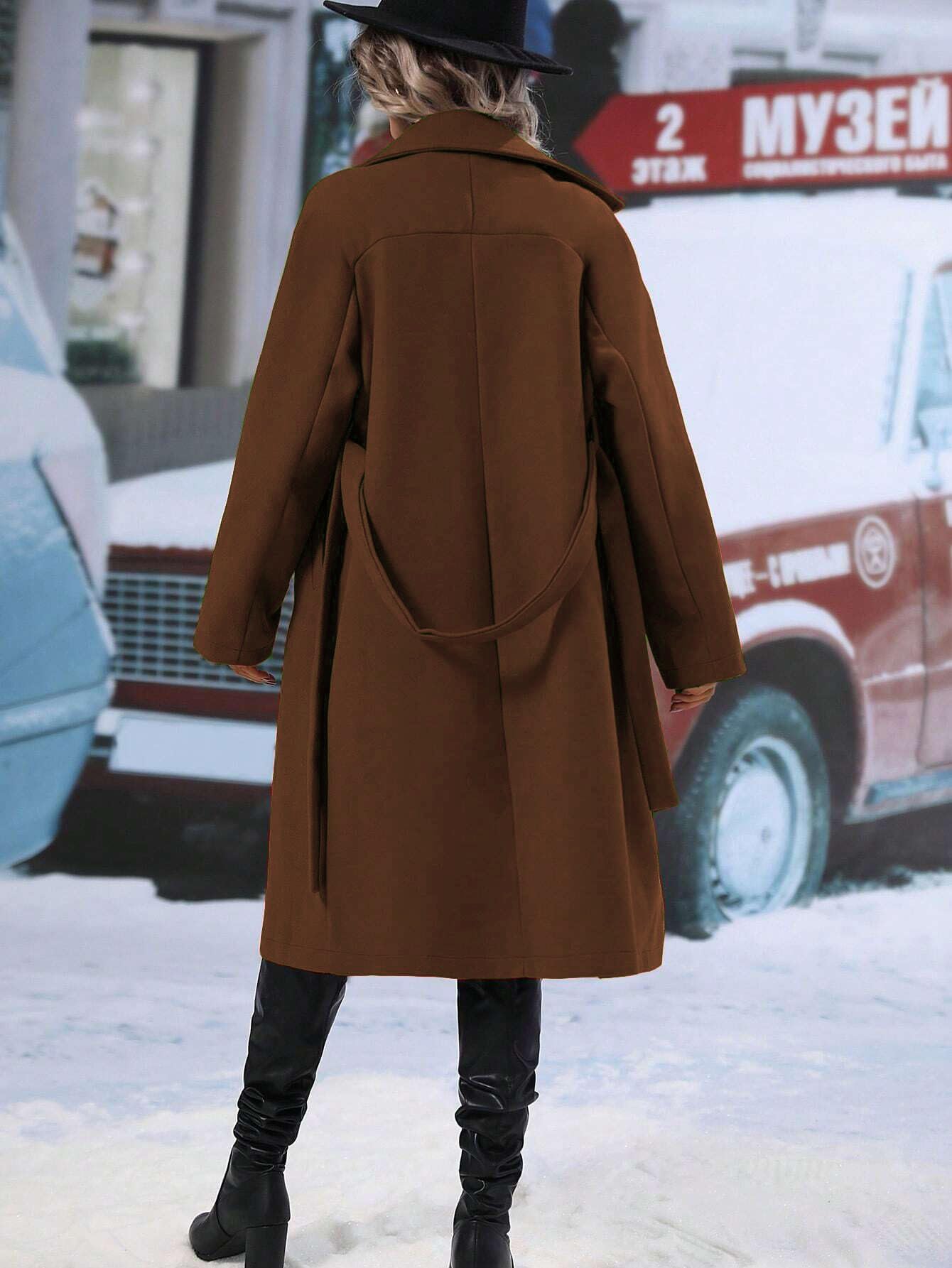 utcoco Womens Long Wool Pea Coat Notched Lapel Double Breasted Trench Coat Winter Warm Overcoat with Belt (Small, Brown)