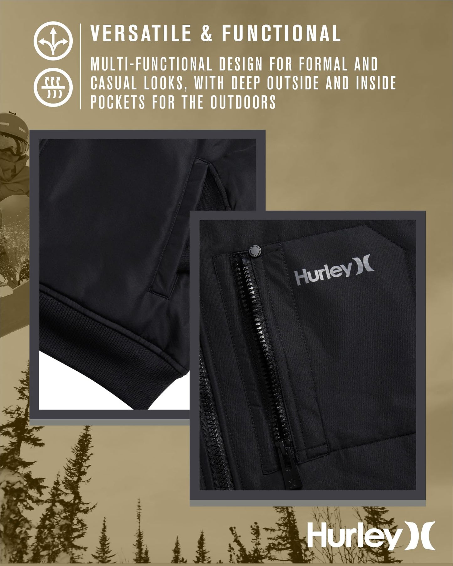 Hurley Mens Bomber Jacket - Soft Cozy Sherpa Lined Weather Resistant Casual Hooded Fleece Jacket for Men (Sizes: S-XL), Size Medium, Black