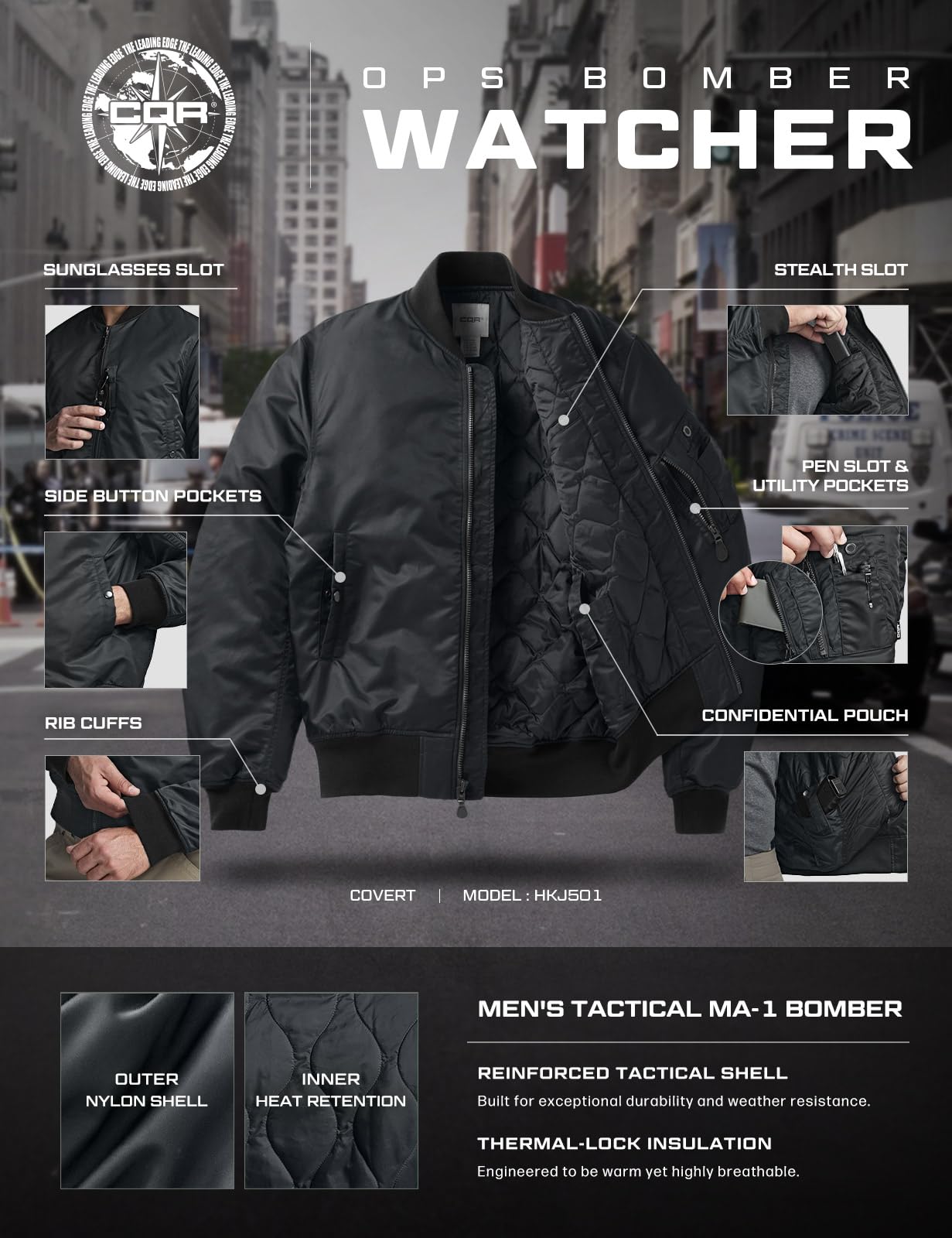CQR Men's Casual Bomber Jacket, Outdoor Fall/Winter Zip-Up Windbreaker, Water Resistant Padded MA-1 Flight Jacket with Pocket, Watcher Carbon Grey, Medium