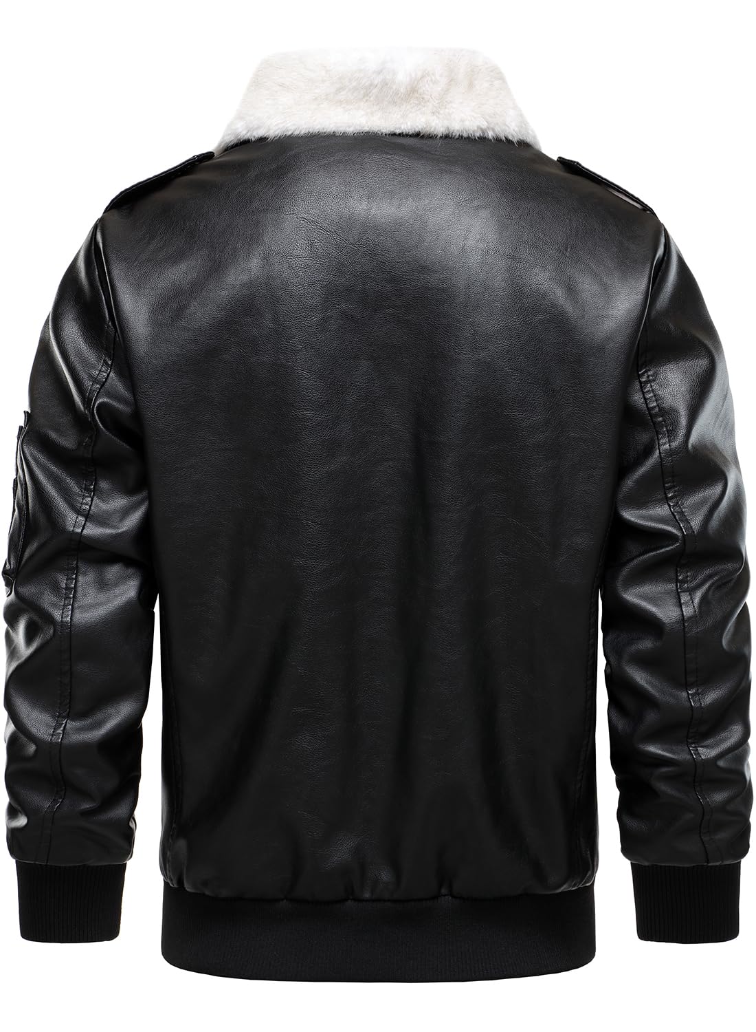 HOOD CREW Men’s Faux Leather Aviator Bomber Jacket with Fur Collar Warm Fleece Lined Biker Jackets Vintage Winter Coats Black L