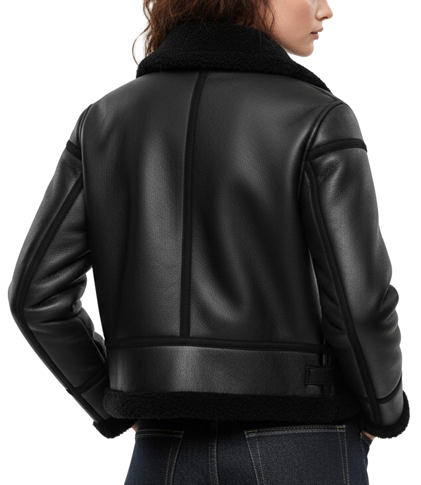 FLAVOR Classic Shearling Jacket for Womens Bomber Leather Winter Jacket Warm Black (Black, XL)