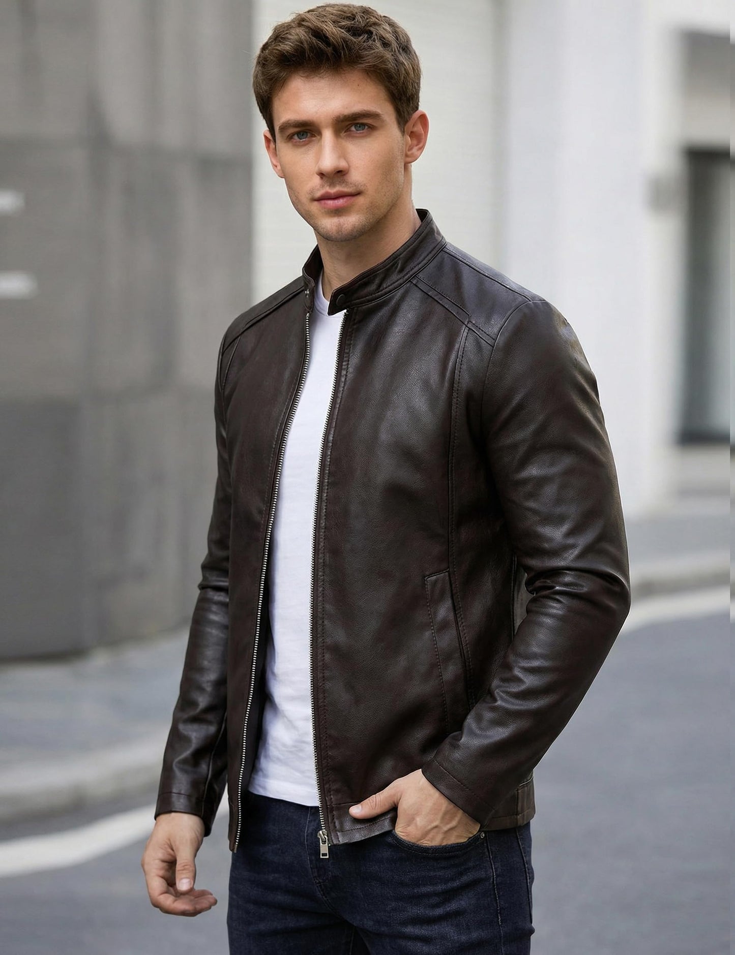 Dark Brown Leather Jacket Men Faux Leather Motorcycle Jackets Biker Coat L