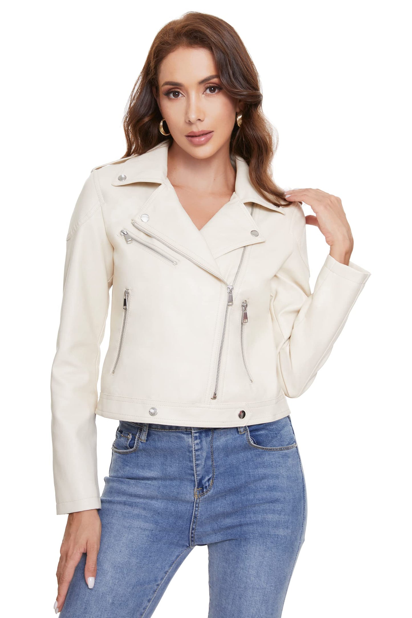 Fahsyee Women's Faux Leather Jackets, Zip Up Motorcycle Short PU Moto Biker Outwear Fitted Slim Coat White Size M
