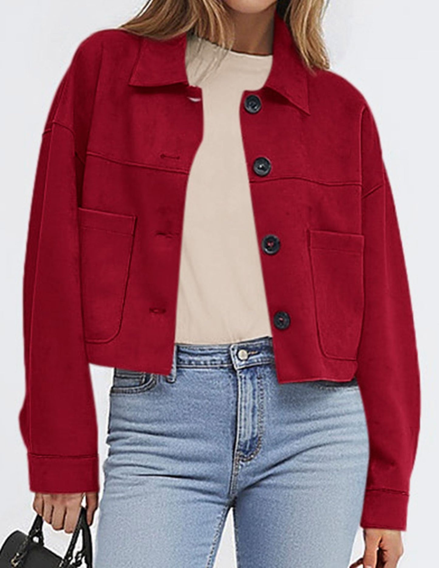 PRETTYGARDEN Women's Faux Suede Cropped Jacket Casual Lightweight Fall Fashion 2026 Winter Coats Outerwear Trendy Clothes (Red,Medium)