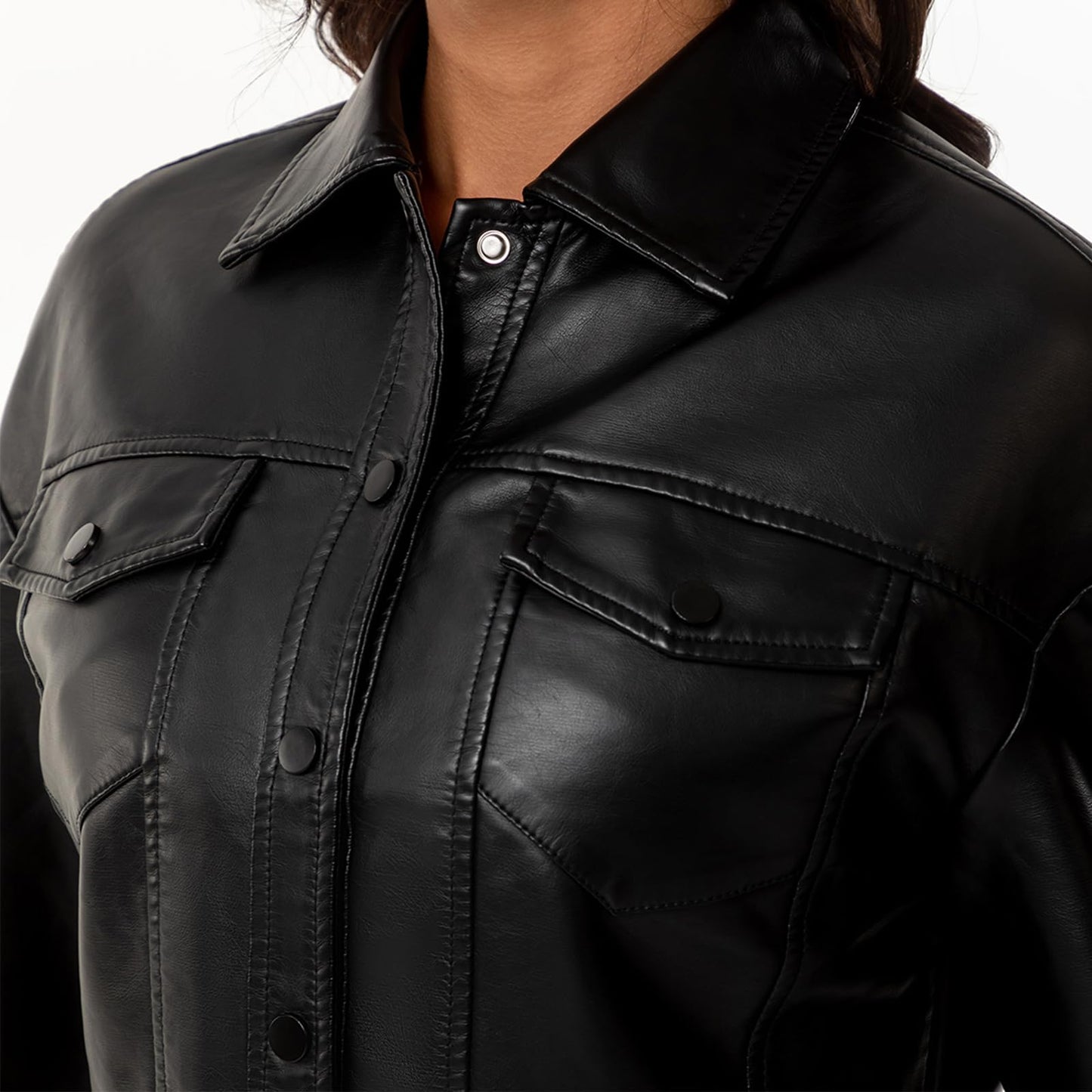 Women's Faux Leather Jacket Classic Button-Down Style, Cropped Length with Front Pockets PU Moto Bike Outwear (US, Alpha, Small, Regular, Regular, Black)