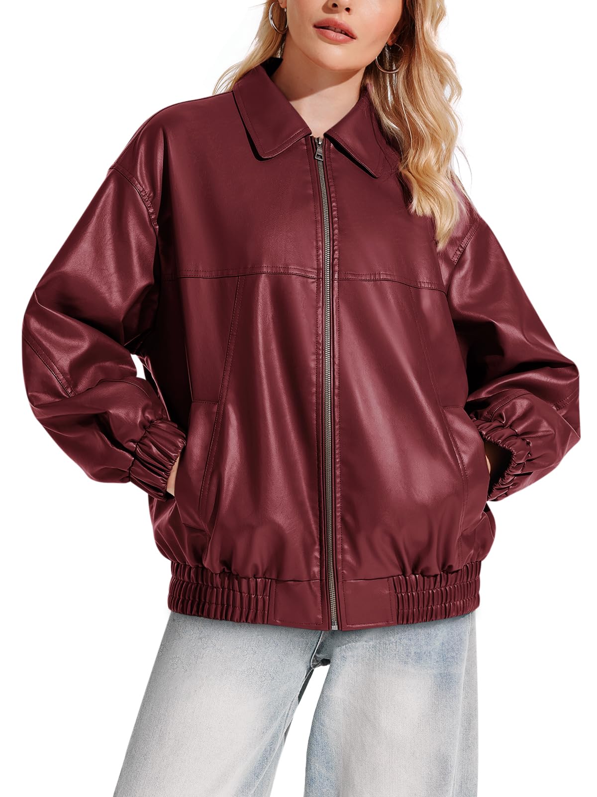 Yousify Women Leather Jacket Casual Long Sleeve Lapel Zip Up Bomber Jacket Classic Solid Color 2025 Fall Winter Clothing Wine Red M