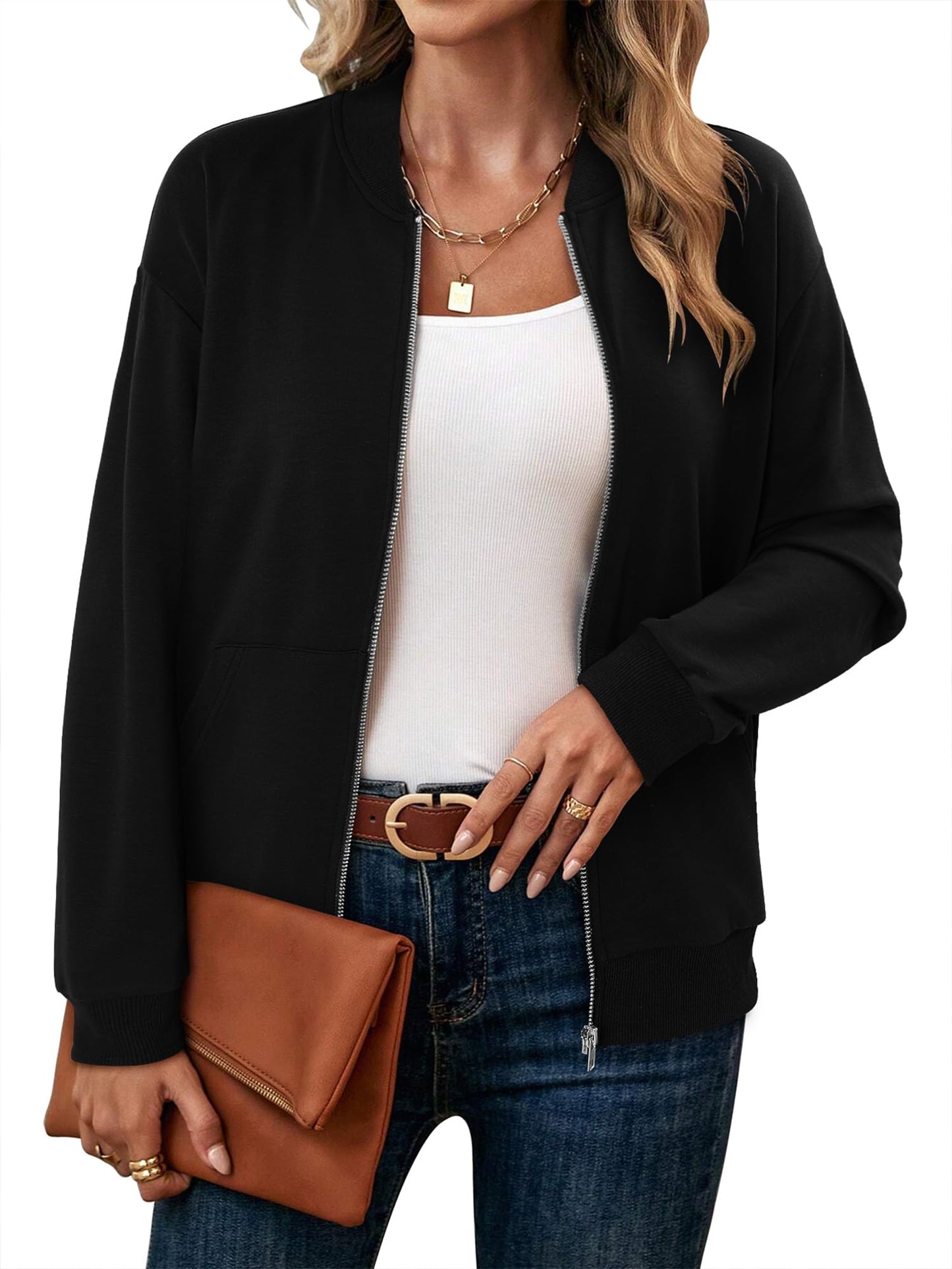 CRAZY GRID Women's Bomber Black Jacket Casual Quilted Lined Coat Zip Up Winter Fall Windbreaker Fashion Outerwear with Pockets Black Large
