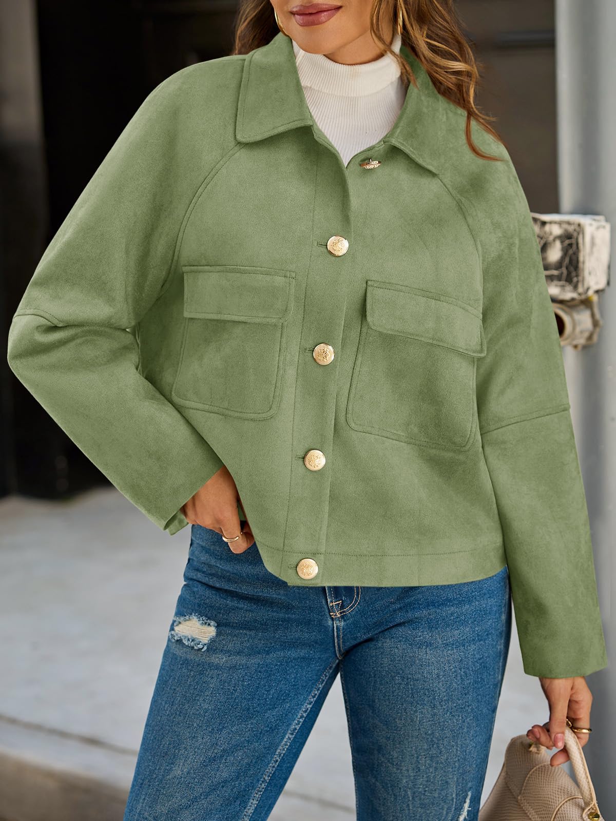 Cicy Bell Womens Faux Suede Leather Jackets Oversized Cropped Casual Lapel Collar Button Down Fall Vintage Shackets