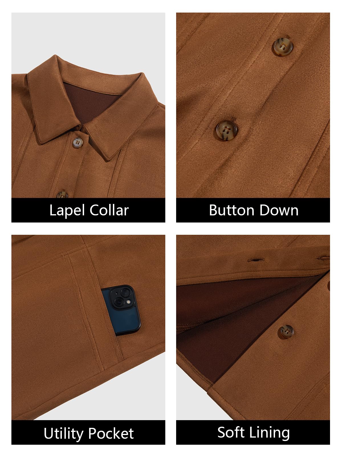 Tankaneo Womens Faux Suede Jackets Button Down Long Sleeve Shackets Coat Trendy Fall Clothes