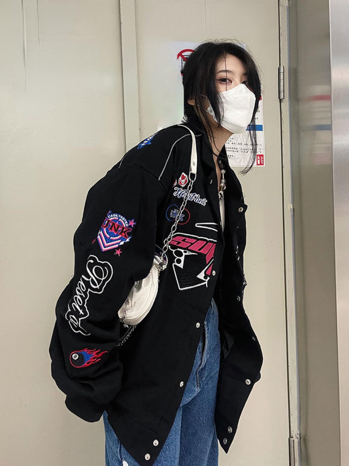 Women Y2K Vintage Varsity Jacket Hip Hop Racer Graphic Bomber Jacket Japanese Harajuku Button Up Sweatshirt Outerwear (Black,L)
