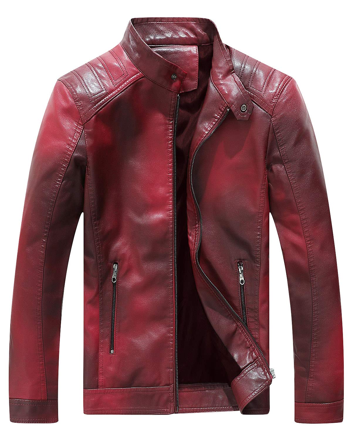 Fairylinks Red Leather Jacket Men Casual Camo, Burgundy, Medium